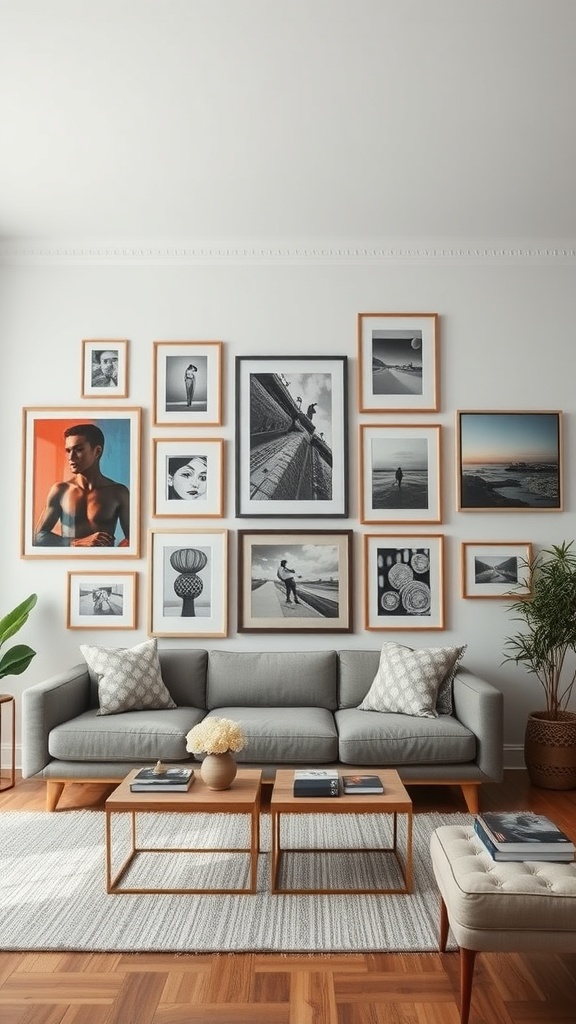 A living room featuring a stylish wall display of framed artwork, a gray sofa, and coffee tables.