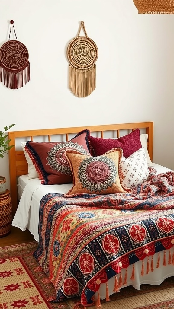 A cozy bedroom with a colorful bohemian-inspired bedspread and decorative pillows.