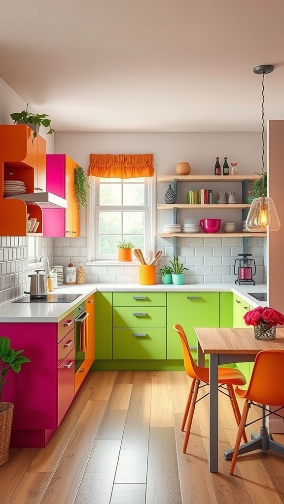 A modern kitchen featuring bold color accents in green, pink, and orange.