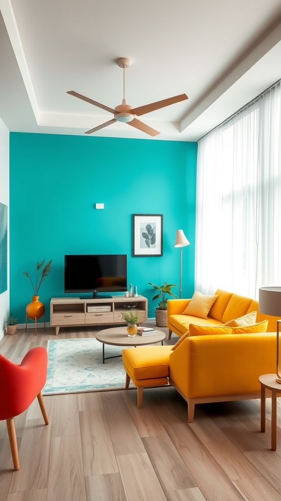 A bright living room featuring a turquoise wall, yellow sofa, red chair, and wooden furniture.
