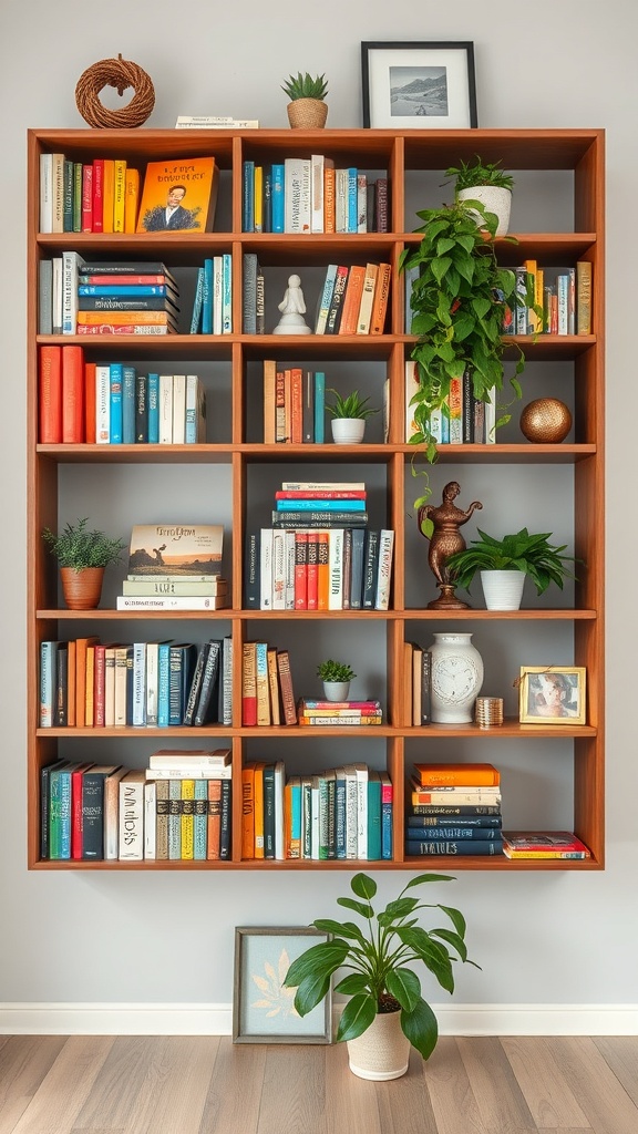 A wooden bookshelf filled with colorful books and decorative items, including plants and figurines.