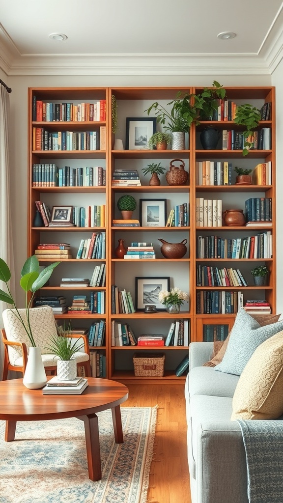 A cozy living room featuring a wooden bookshelf filled with books and plants, a comfortable sofa, and a round coffee table.