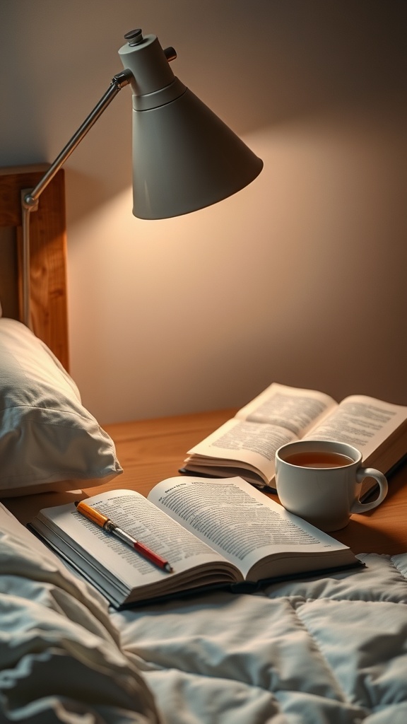 A cozy reading setup with a bedside lamp, open books, a pen, and a cup of tea on a nightstand.