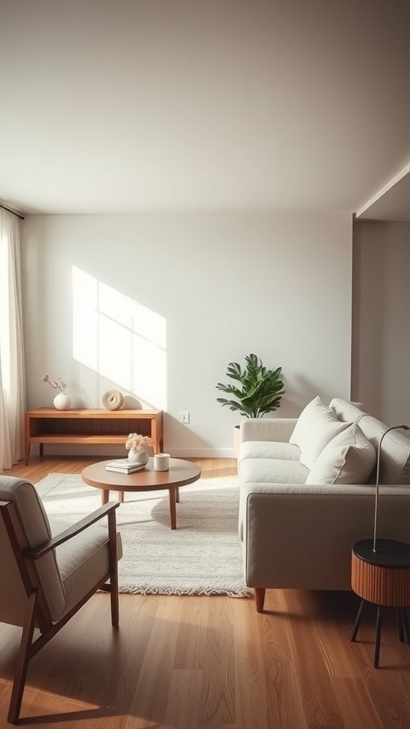 A cozy minimalist living room featuring a light-colored sofa, wooden coffee table, and a plant, with natural light streaming in.