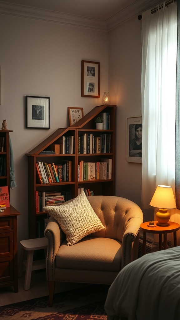 Cozy reading nook with an armchair, bookshelf, and warm lighting