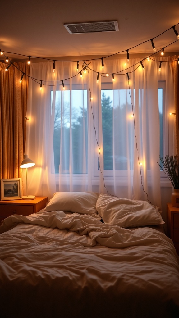 A cozy bedroom with warm string lights and soft bedding