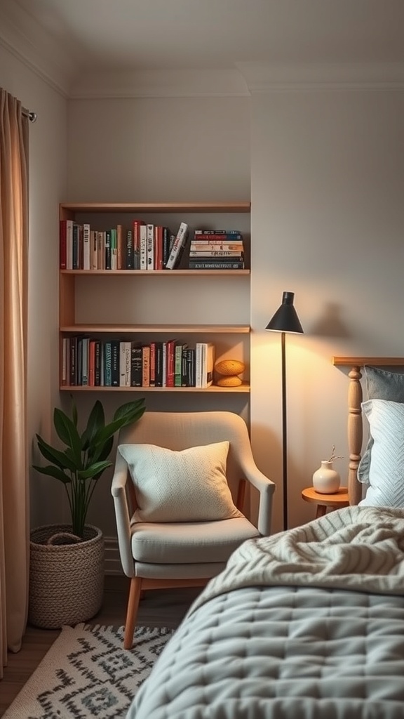 A cozy reading nook in a Scandinavian bedroom featuring a comfortable chair, a bookshelf filled with books, and a lamp.