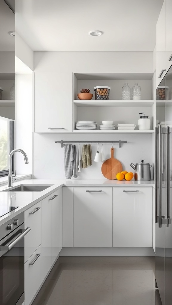 A modern kitchen with open shelves, neatly arranged dishes, and organized utensils.