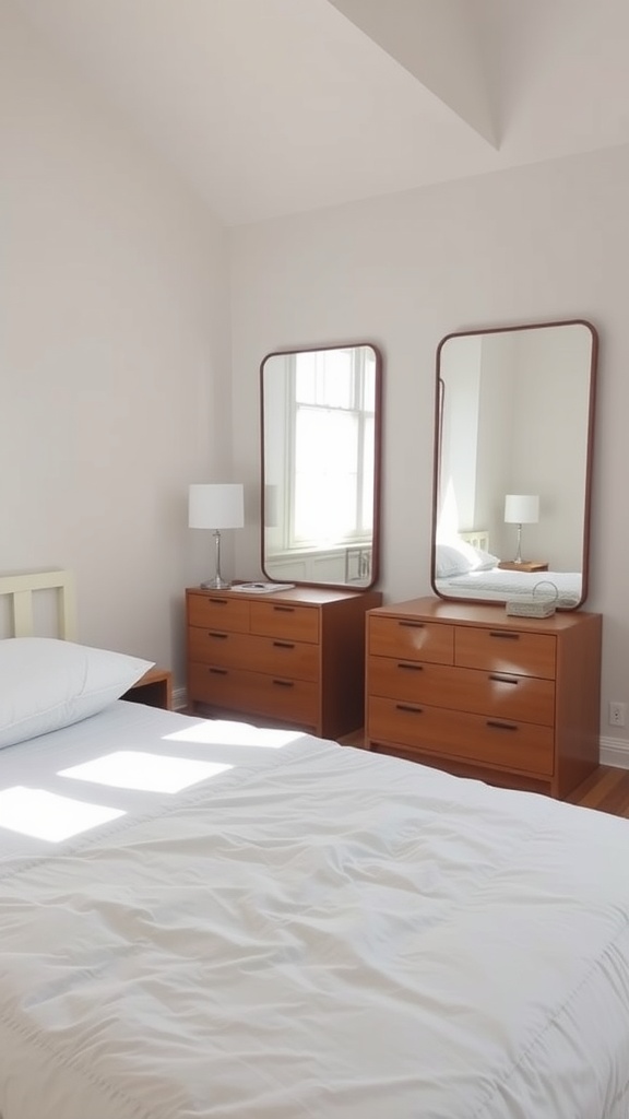 A bright bedroom featuring two mirrors above wooden dressers, creating a spacious and inviting atmosphere.