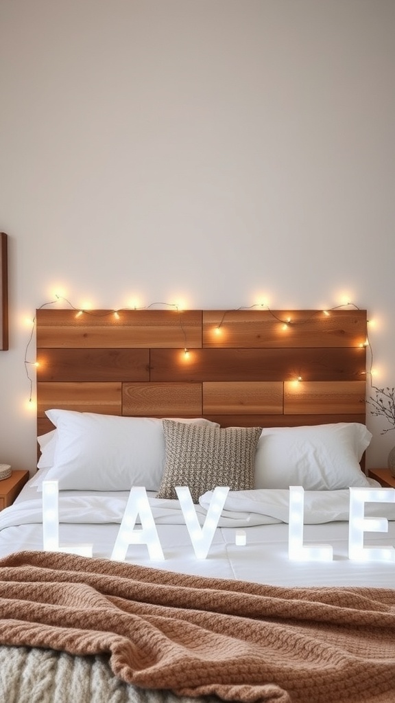 A stylish wooden headboard with string lights above it, creating a cozy bedroom atmosphere.
