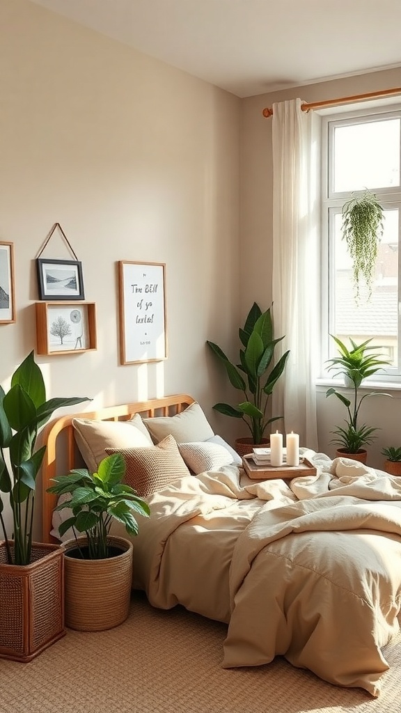 A cozy Scandinavian bedroom featuring earthy color palettes, plants, and soft linens.