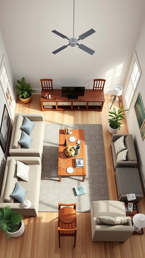 A cozy living room with two sofas facing each other, a coffee table in the center, and plants in the corners.