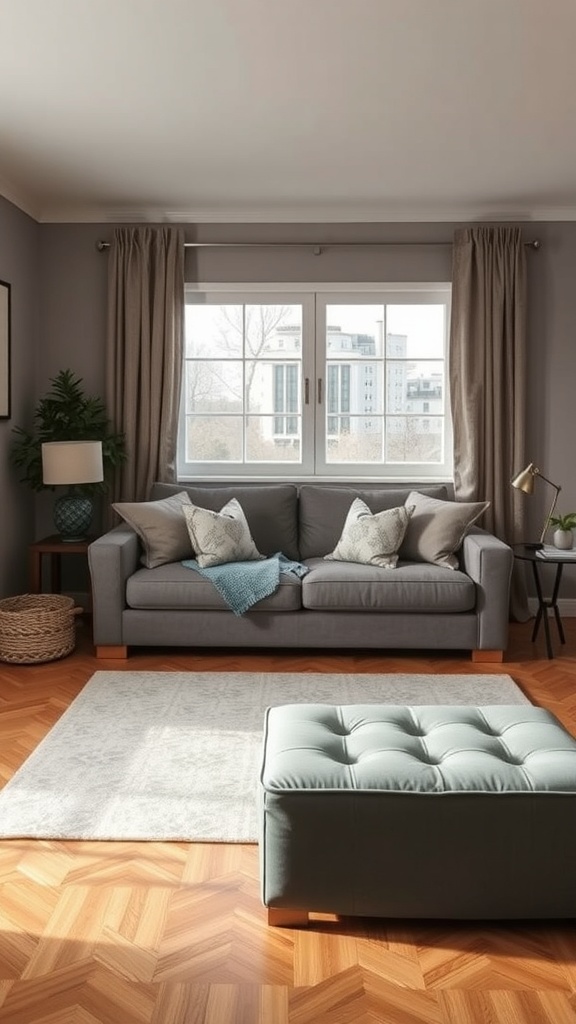 Cozy living room with gray sofa, tufted ottoman, and natural light from a large window.