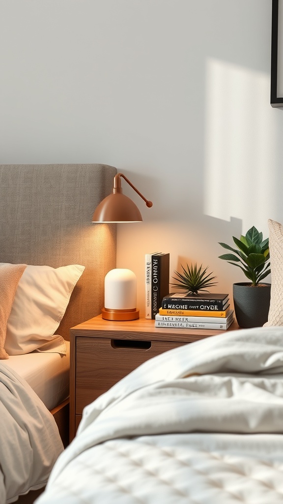 A modern nightstand with a lamp, books, and a plant in a cozy bedroom setting.