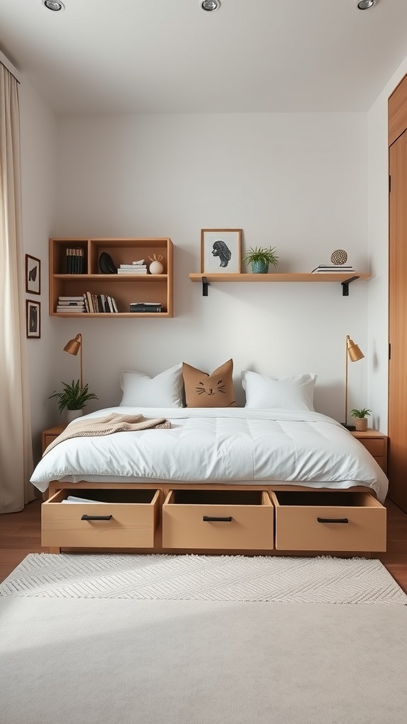 A small masculine bedroom featuring a bed with storage drawers, open shelving, and warm wood tones.