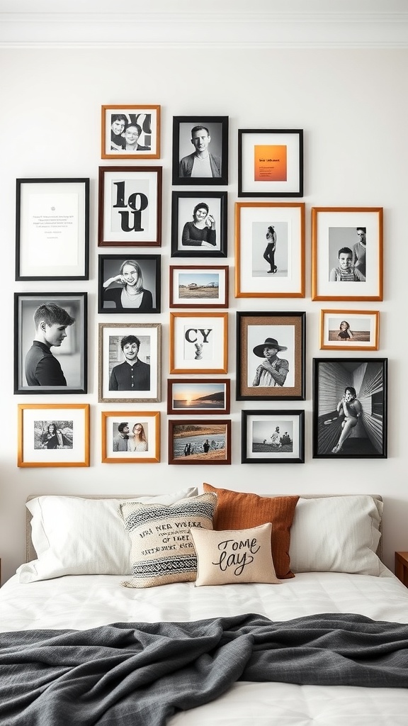 A gallery wall with various framed photos and art pieces above a bed with decorative pillows.