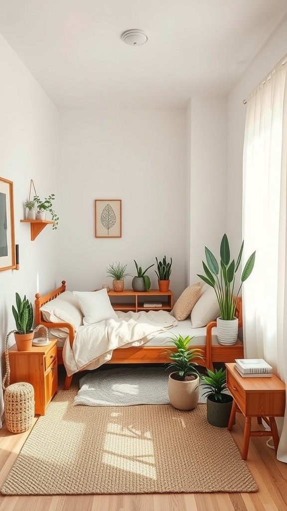 A small masculine bedroom featuring wooden furniture and various indoor plants.