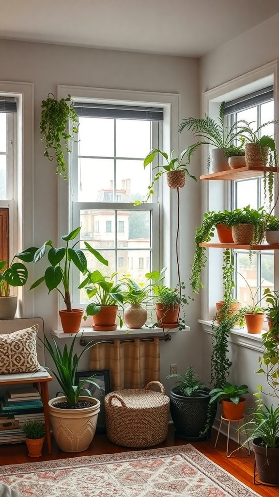 Cozy bedroom corner with various plants in pots, creating a fresh and inviting atmosphere.