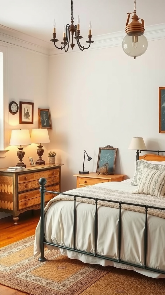 A cozy vintage-inspired bedroom featuring a metal bed frame, wooden dressers, and vintage lighting.