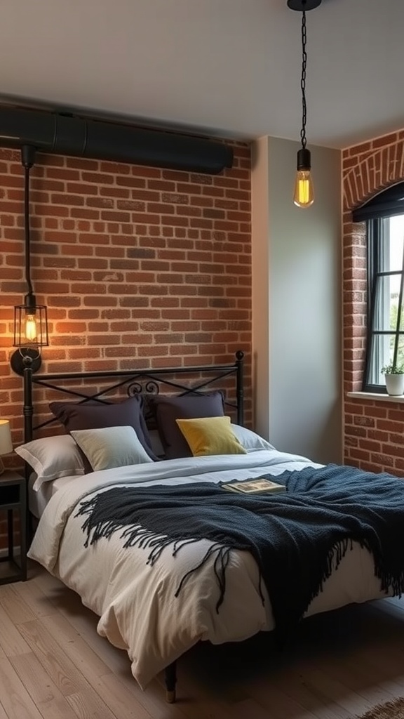 Cozy industrial-style bedroom with exposed brick wall, simple bedding, and stylish lighting.