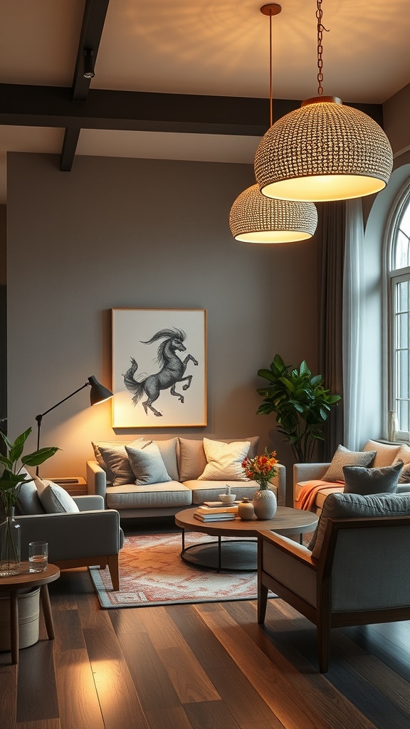 Cozy living room with stylish pendant lights and modern furniture