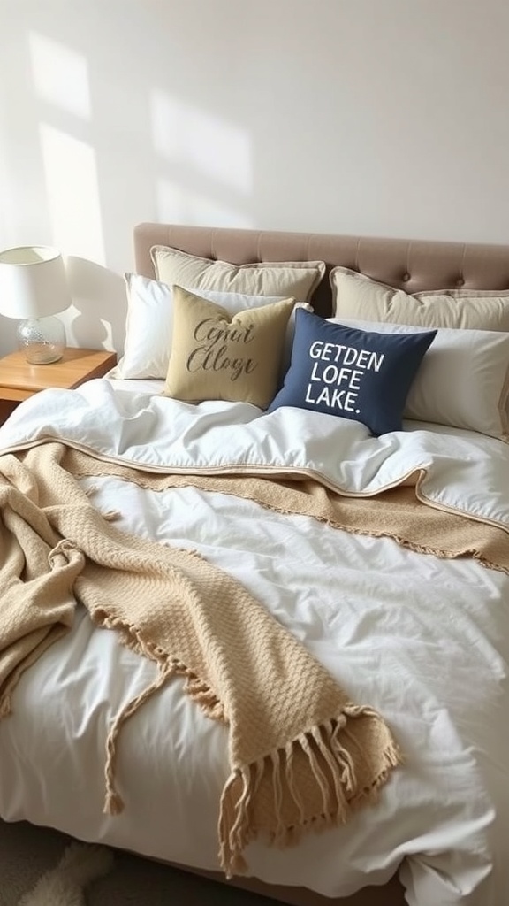 A cozy bed with layered bedding, featuring a white duvet, beige throw blanket, and decorative pillows.