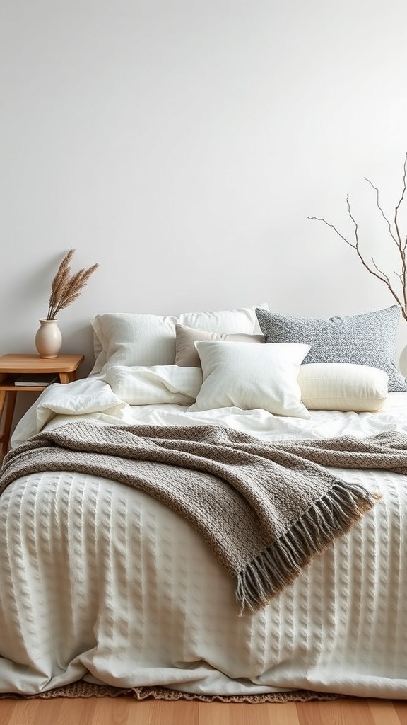 A cozy Scandinavian bedroom featuring layered bedding in neutral tones, with various pillows and a light throw blanket.