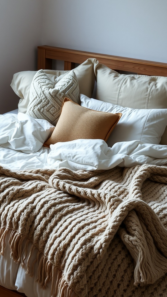 A cozy bed with layered textiles, featuring a chunky knit blanket and decorative pillows.
