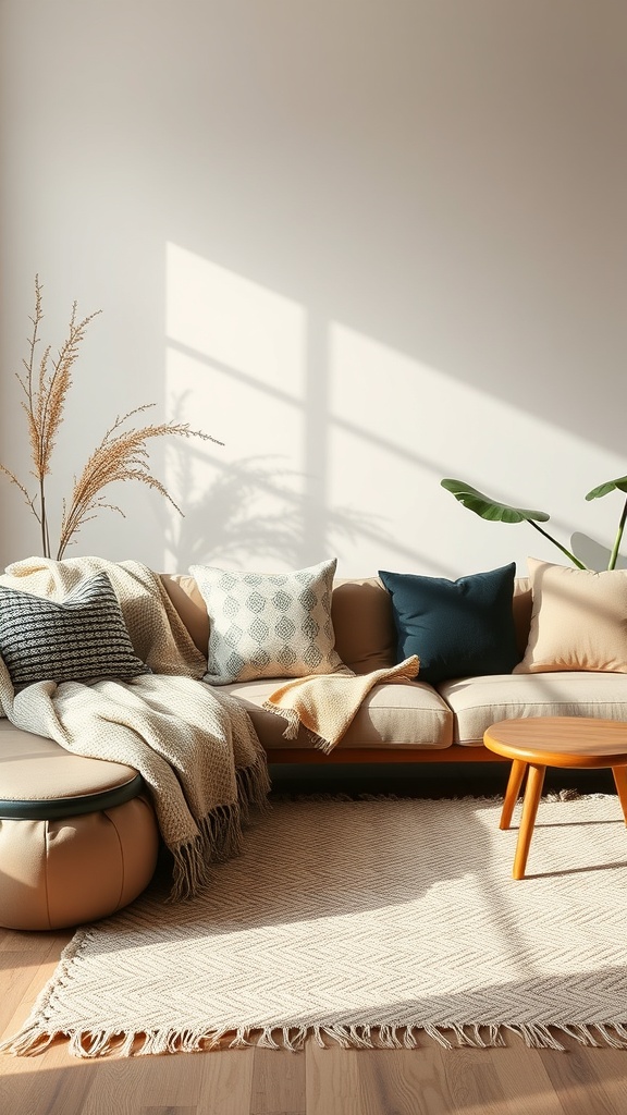 A cozy living room with a beige sofa, layered textures, and natural elements.