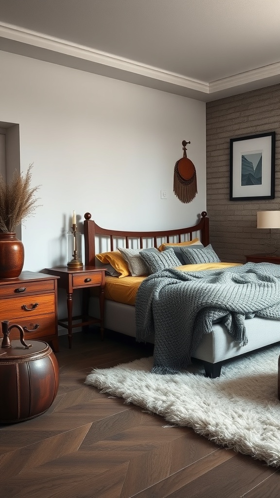 A small masculine bedroom featuring layered textures with a cozy bed, wooden furniture, and a fluffy rug.