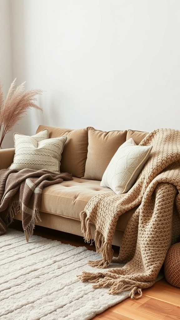 Cozy living room with a beige sofa, layered throws, and decorative pillows.