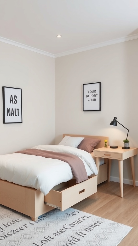 A cozy bedroom with a bed featuring storage drawers and a simple bedside table.