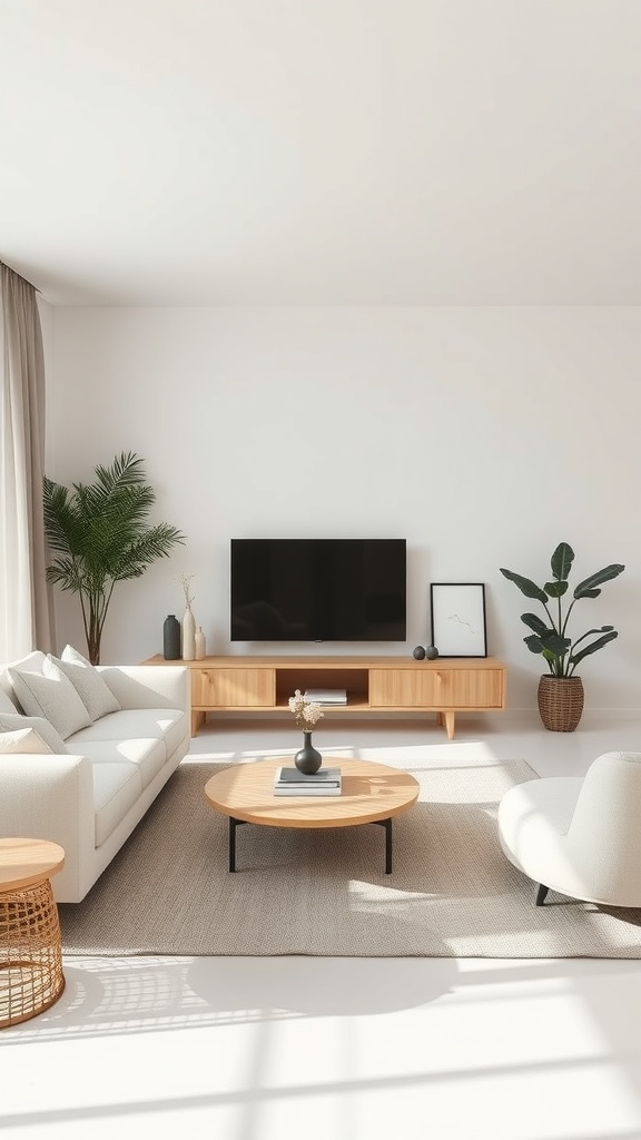 A bright and minimalist living room featuring a white sofa, wooden coffee table, and plants.