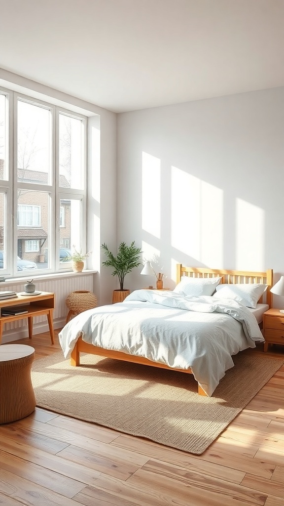 A minimalist Scandinavian bedroom featuring a wooden bed, natural light, and plants.