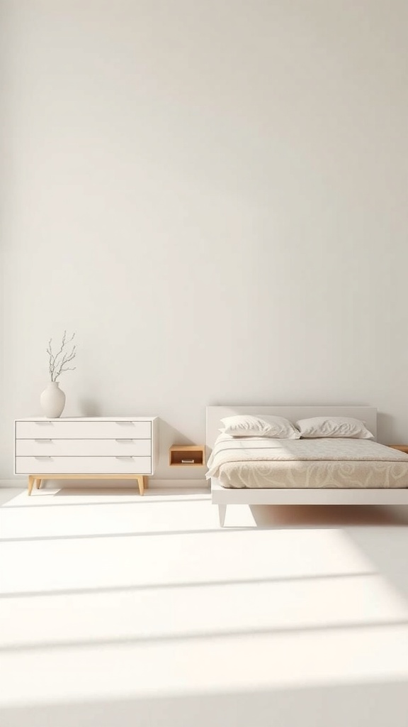 A minimalist bedroom featuring a simple bed and dresser with natural light.