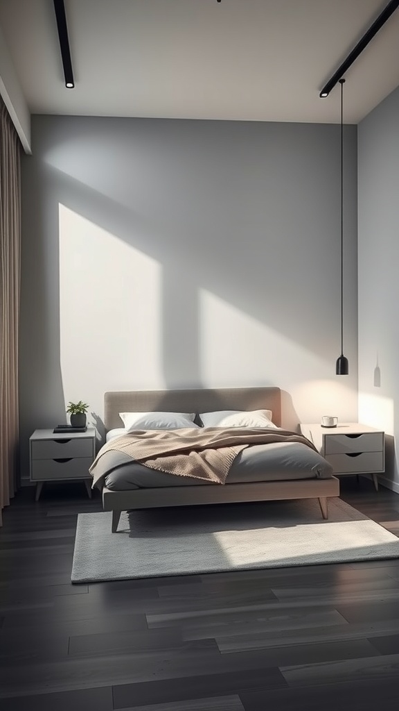 A minimalist small bedroom featuring a modern bed, simple nightstands, and warm lighting.