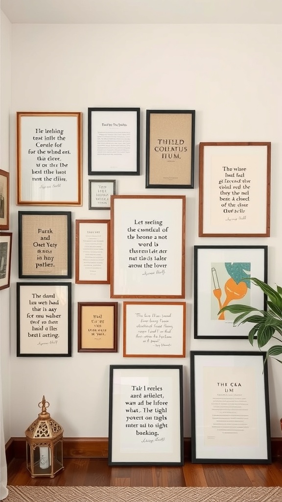 A wall decorated with framed literary quotes in various styles and colors, creating a cozy atmosphere.