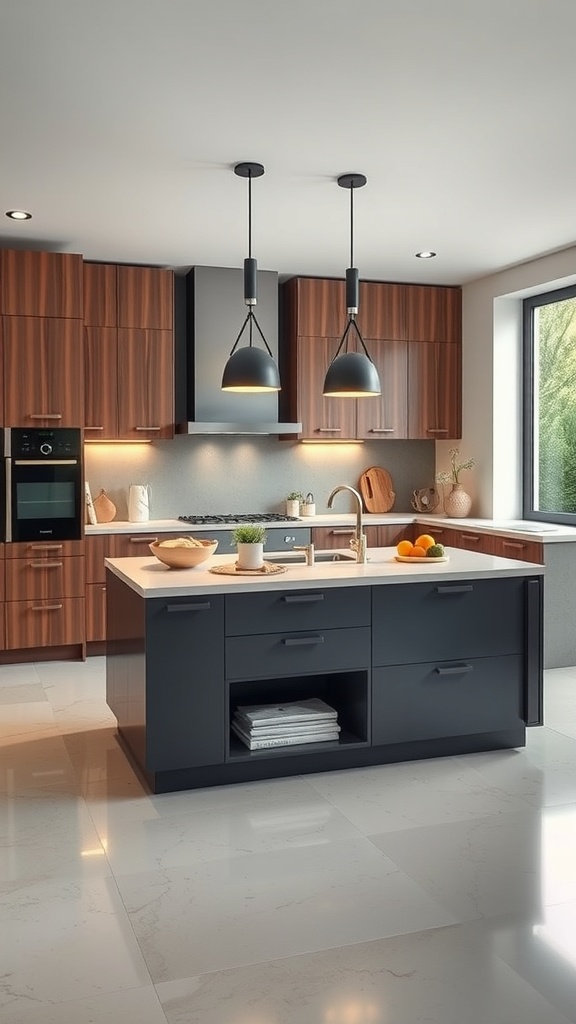 A modern kitchen featuring a multi-functional island with dark cabinetry and stylish pendant lights.