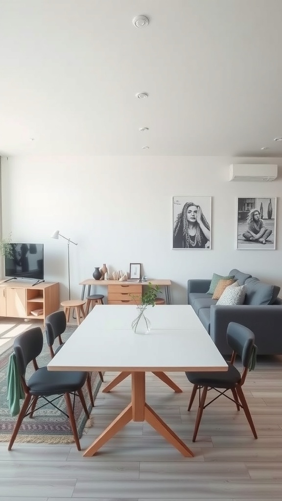 A modern living space featuring a multifunctional dining table, stylish chairs, and a cozy sofa.