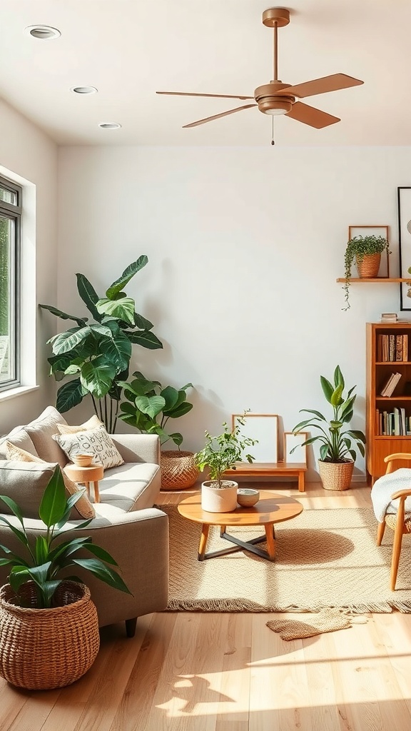 Cozy living room with plants, natural light, and neutral decor