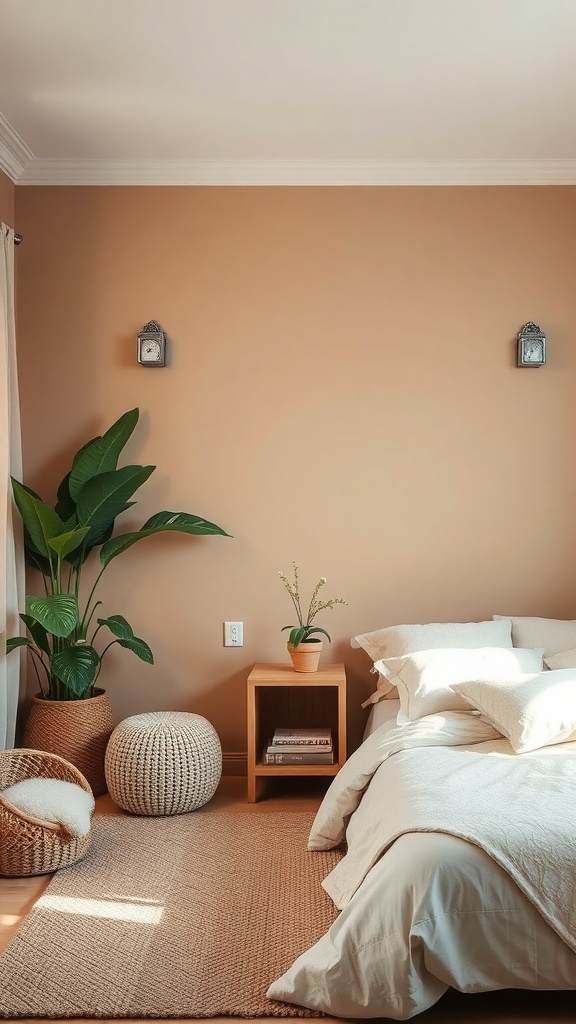 A cozy bedroom with warm beige walls, a large green plant, and soft bedding, showcasing a nature-inspired color scheme.
