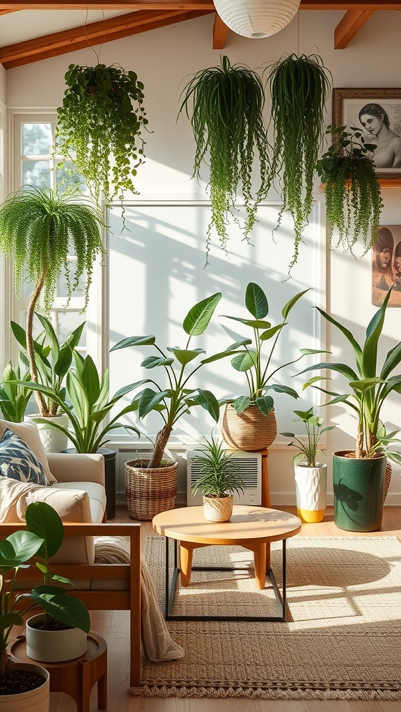 A bright living room with various indoor plants, including hanging plants and potted greens, complemented by wooden furniture and natural textures.