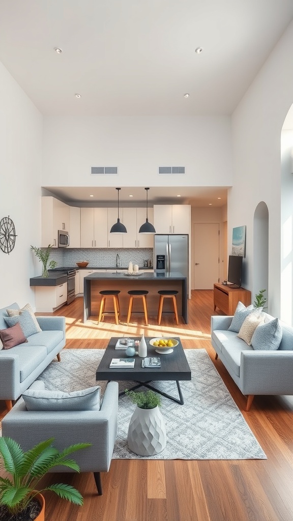 A modern open concept kitchen and living area with stylish furniture and bright lighting.