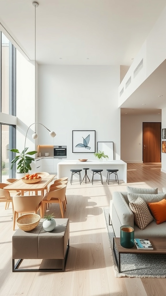 A modern open concept living area with a dining space, large windows, and stylish furniture.