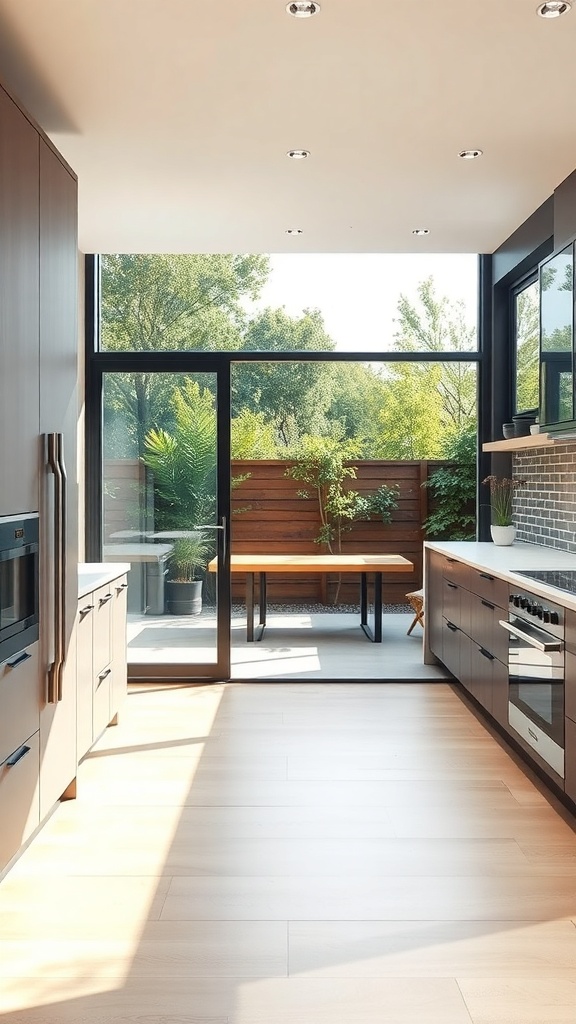 Modern kitchen with large windows connecting to an outdoor space.