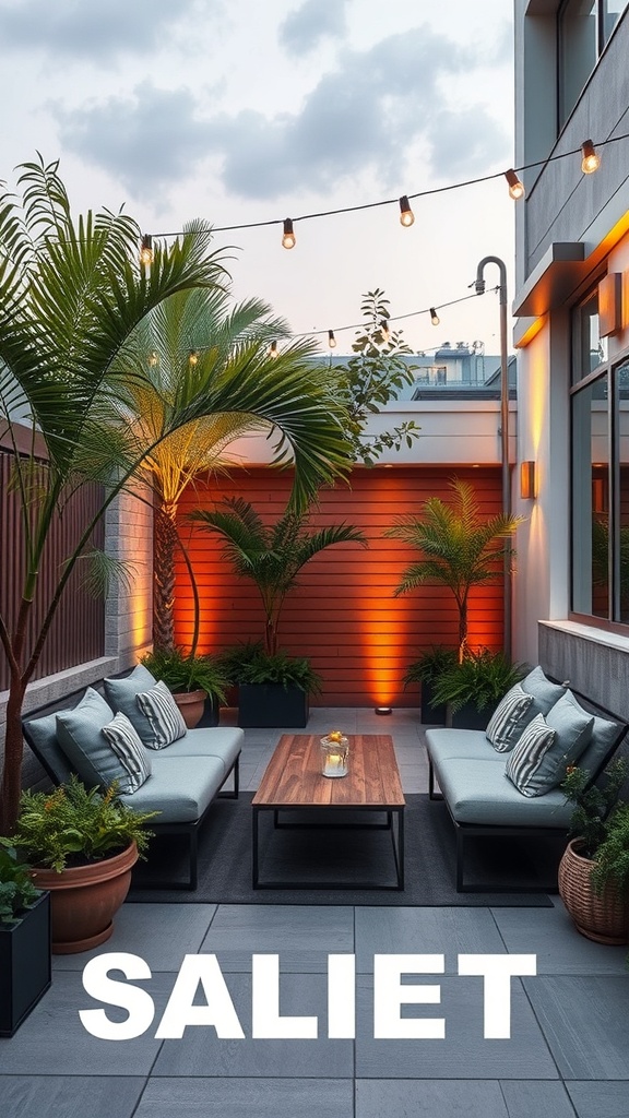 Cozy outdoor patio with comfortable seating, wooden table, and string lights