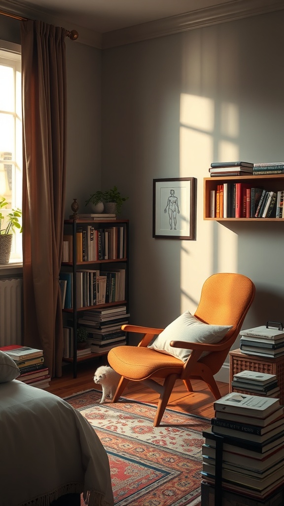 Cozy bedroom corner with a reading chair, bookshelves, and a small plant.