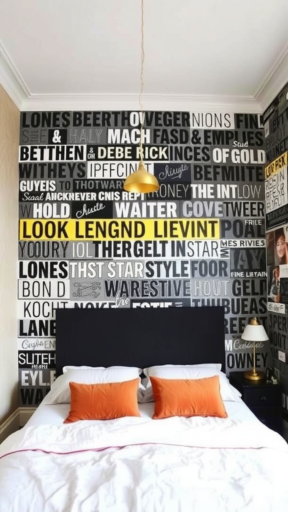 A bedroom with a bold text accent wall in black, white, and yellow, featuring a bed with white bedding and orange pillows.
