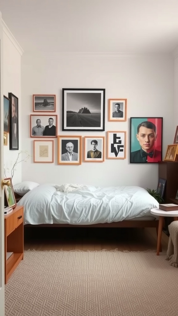 A small bedroom featuring a gallery wall of personalized artwork and photographs, with a cozy bed and wooden furniture.