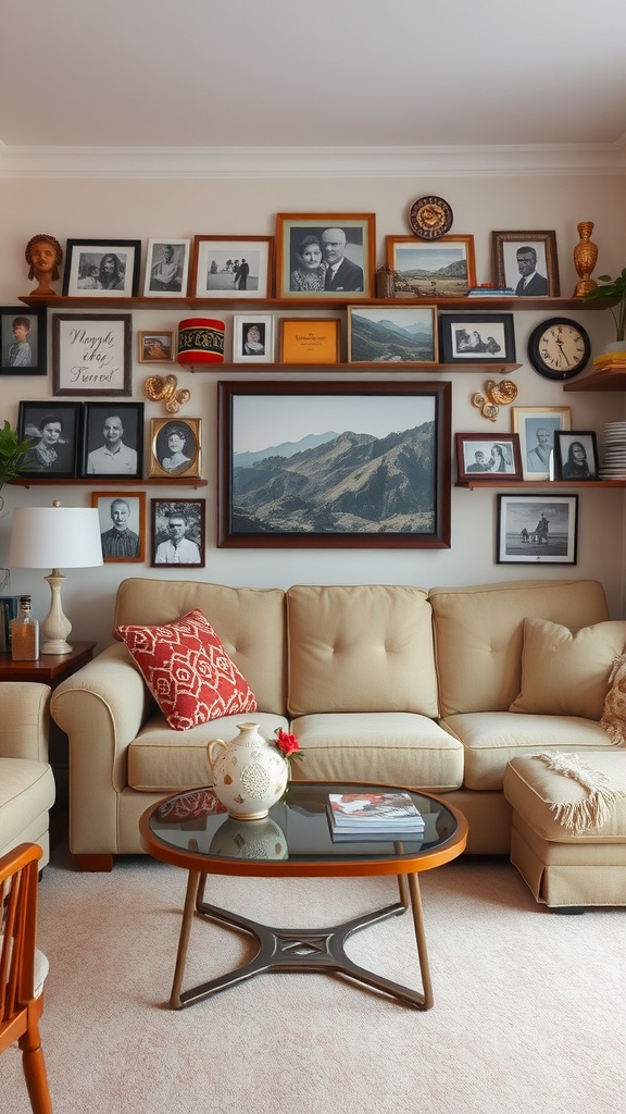A cozy living room with a gallery wall of family photos and scenic prints, featuring a beige couch and a stylish coffee table.